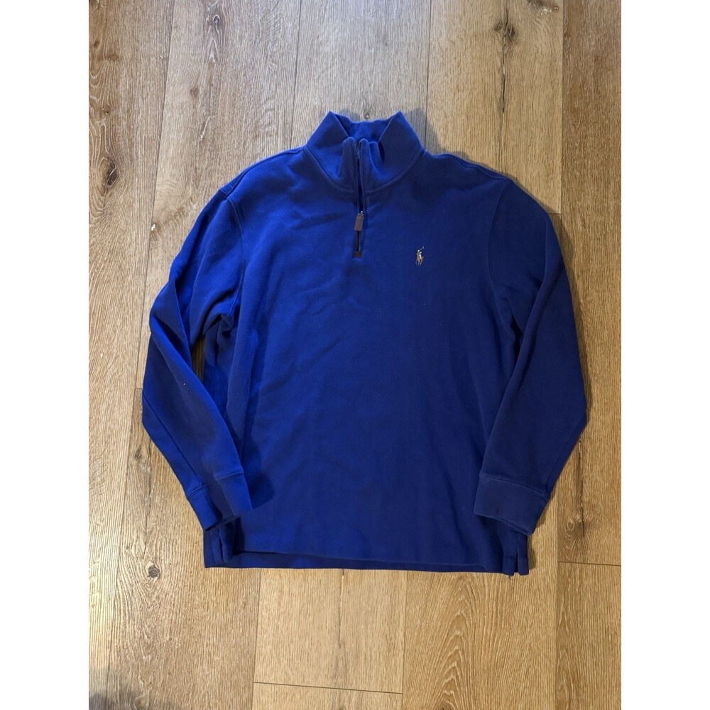 Polo Ralph Lauren Sweater Mens L Blue 1/4 Zip Estate Rib Pullover Flesh Pony